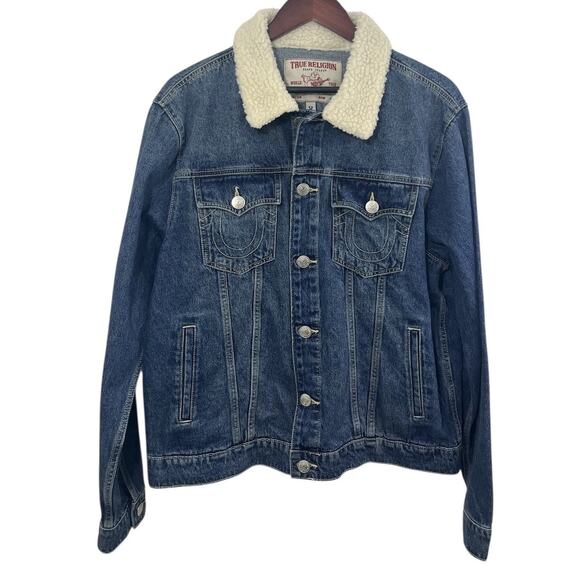 True Religion Trucker Jacket Denim Sherpa Shearling Blue Collar Large NWT - Picture 1 of 9